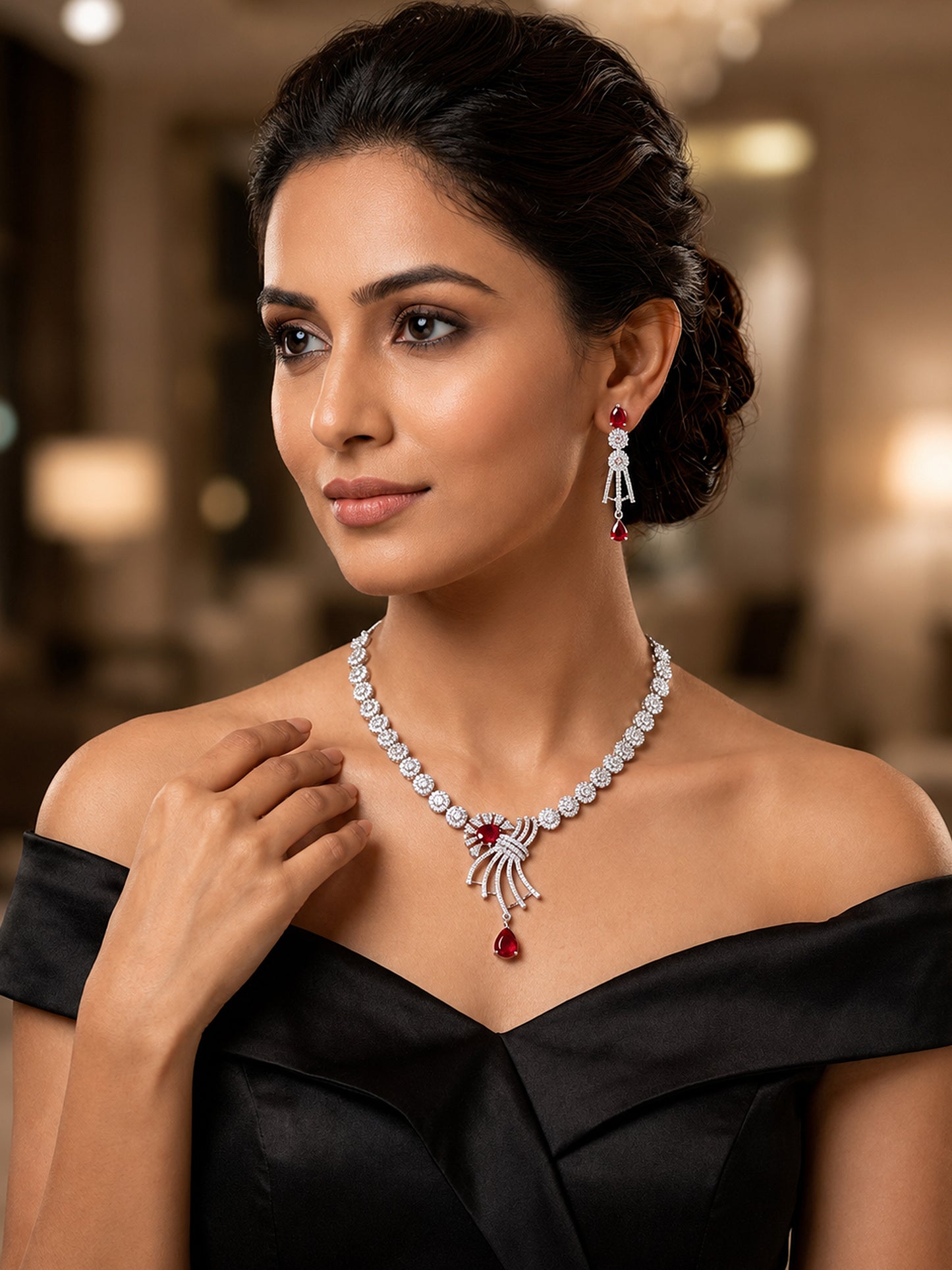Silver Plated Red AD Jewellery Set for Women