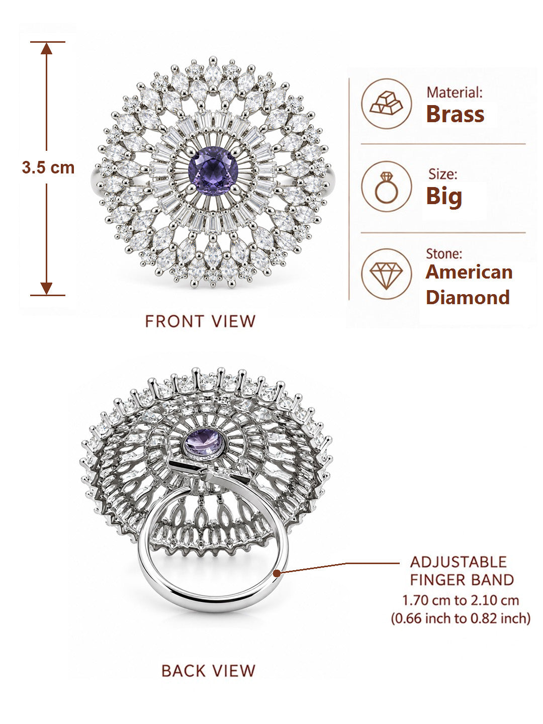Silver Plated Purple AD Finger Ring for Women