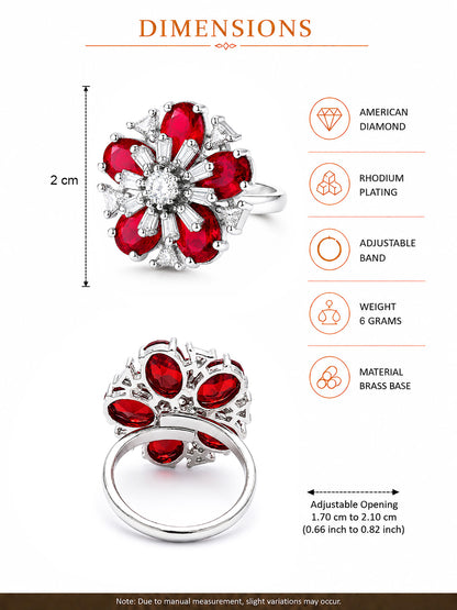 Rhodium Plated Red AD Floral Finger Ring for Women