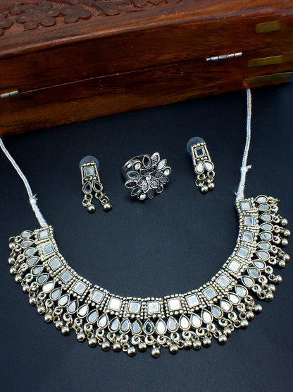 Silver-Plated Mirror-Studded & Beaded Jewellery Set With Adjustable Finger Ring