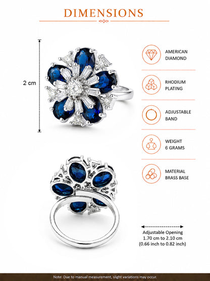 Rhodium Plated Blue AD Floral Finger Ring for Women