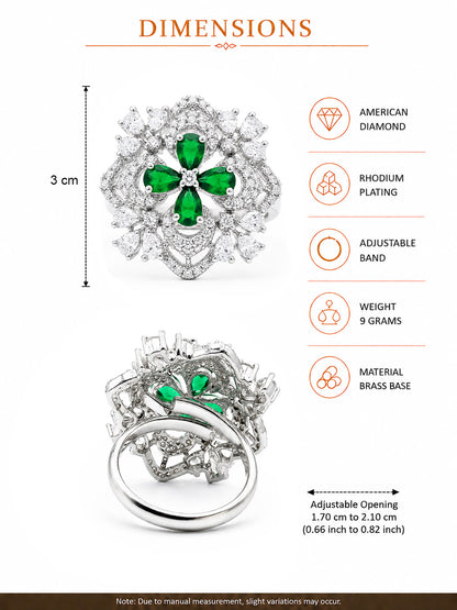 Rhodium Plated Green AD Floral Finger Ring for Women