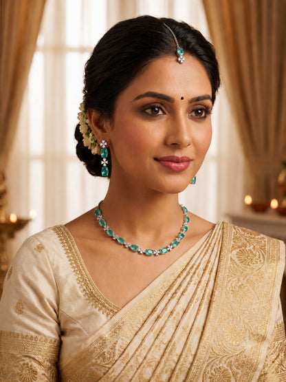 Silver Plated Sea Green AD Jewellery Set for Women