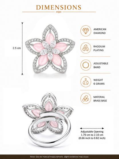Rhodium Plated Pink AD Floral Finger Ring for Women