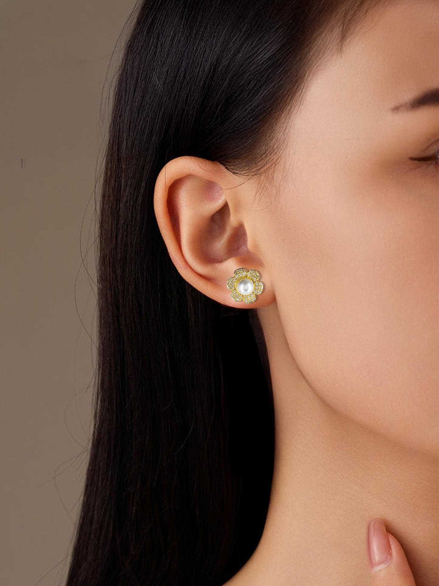 Gold Plated AD Pearl Stud Earrings for Women