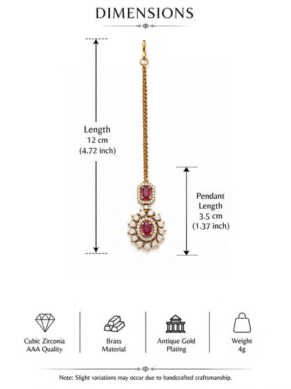 Antique Gold Plated Red AD Maang Tikka for Women