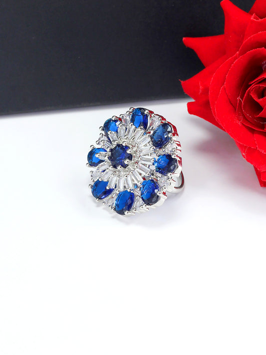 Floral Blue American Diamond Adjustable Cocktail Finger Ring