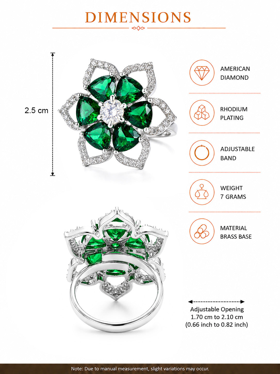 Rhodium Plated Green AD Floral Finger Ring for Women
