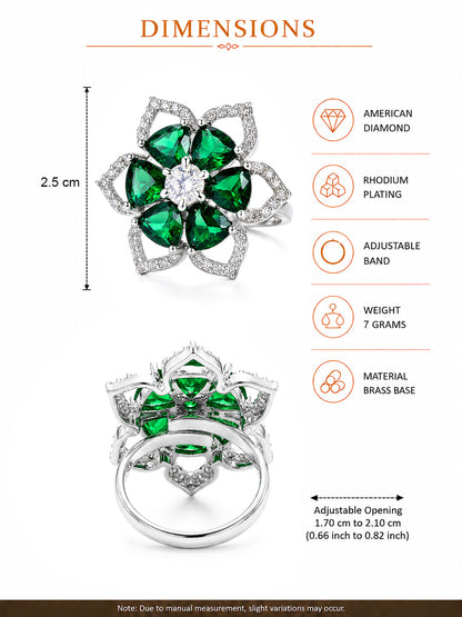 Rhodium Plated Green AD Floral Finger Ring for Women