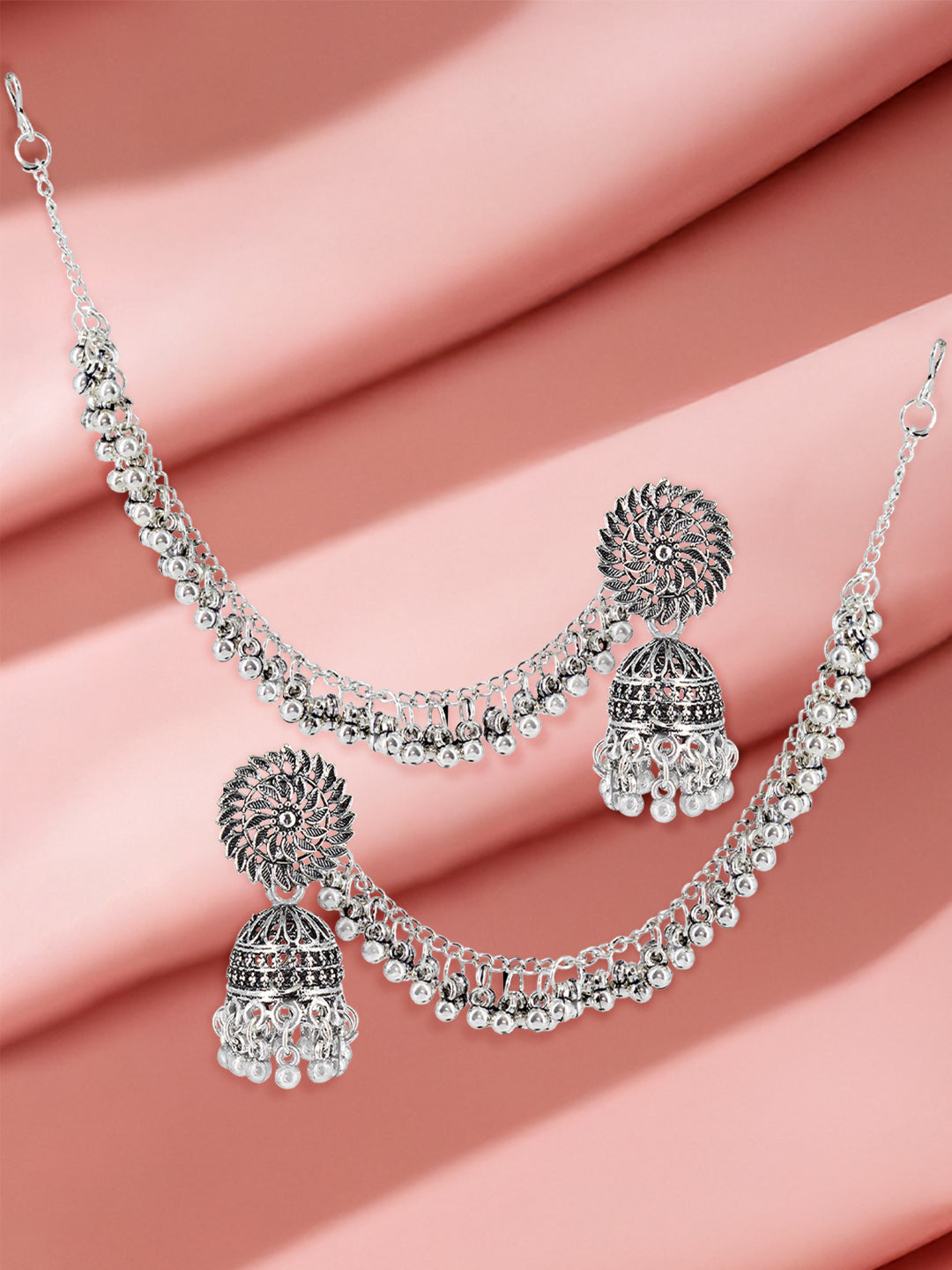 Silver-Oxidised Floral Jhumka Earrings With Ear Chain