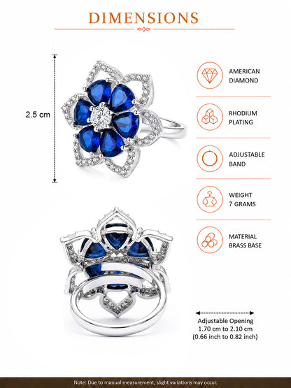 Rhodium Plated Blue AD Floral Finger Ring for Women
