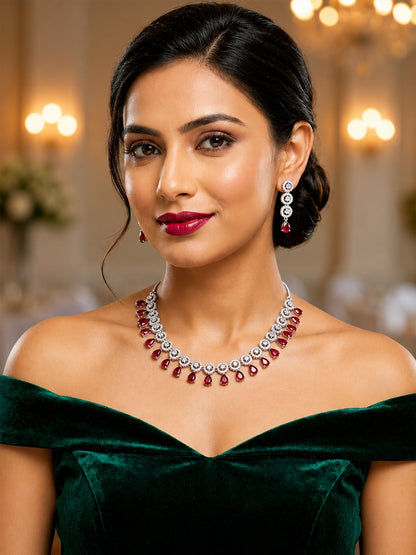 Silver Plated Red AD Jewellery Set for Women