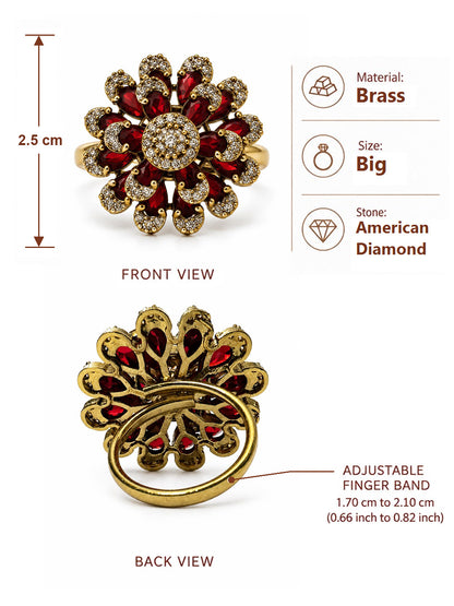 Antique Gold Plated Red AD Floral Finger Ring for Women