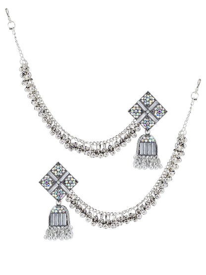 Silver Oxidised Rhinestone Studded Jhumka Earrings With Ear chain