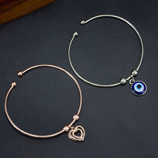 Pack of 2 Silver & Rose Gold Plated Heart & Evil Eye Bracelets Gift For Girls