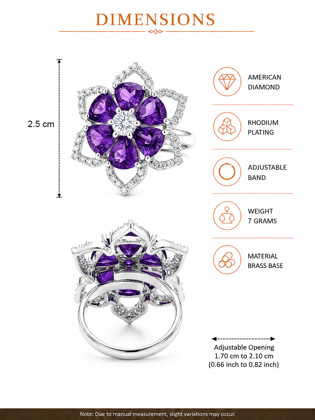 Rhodium Plated Purple AD Floral Finger Ring for Women