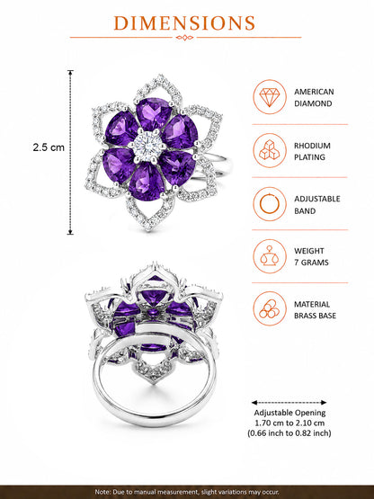 Rhodium Plated Purple AD Floral Finger Ring for Women