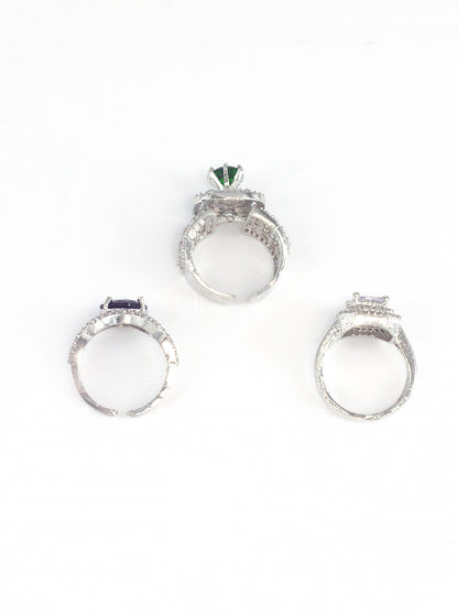 Pack of 3 AD-Studded Cocktail Adjustable Ring
