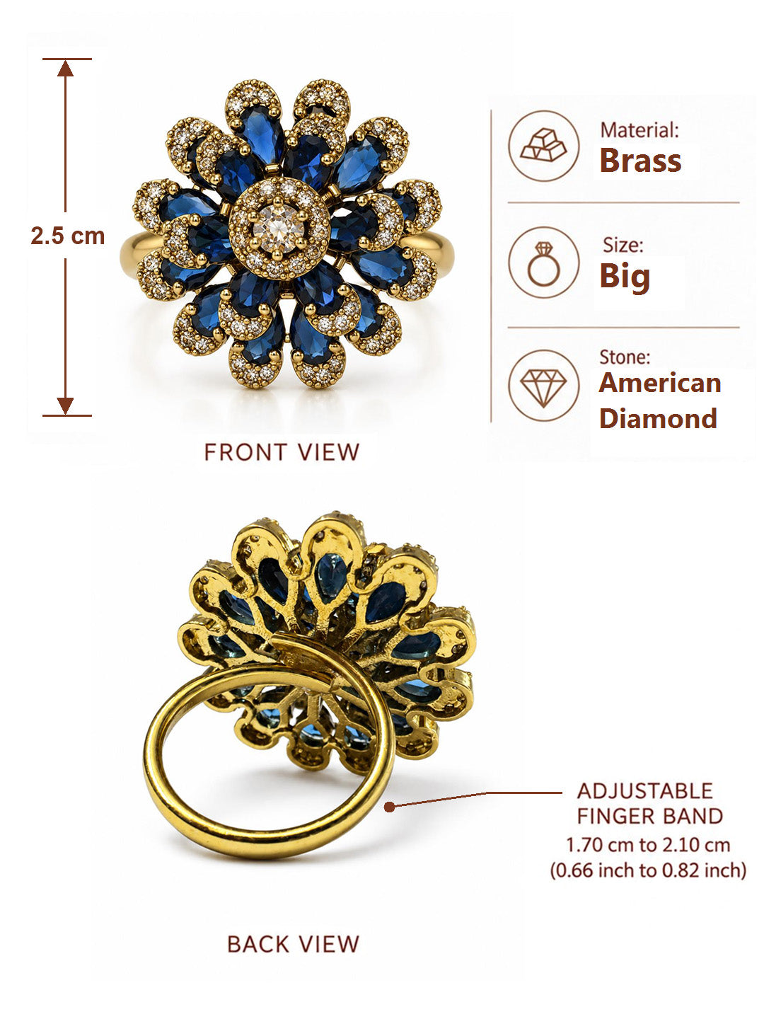 Antique Gold Plated Blue AD Floral Finger Ring for Women