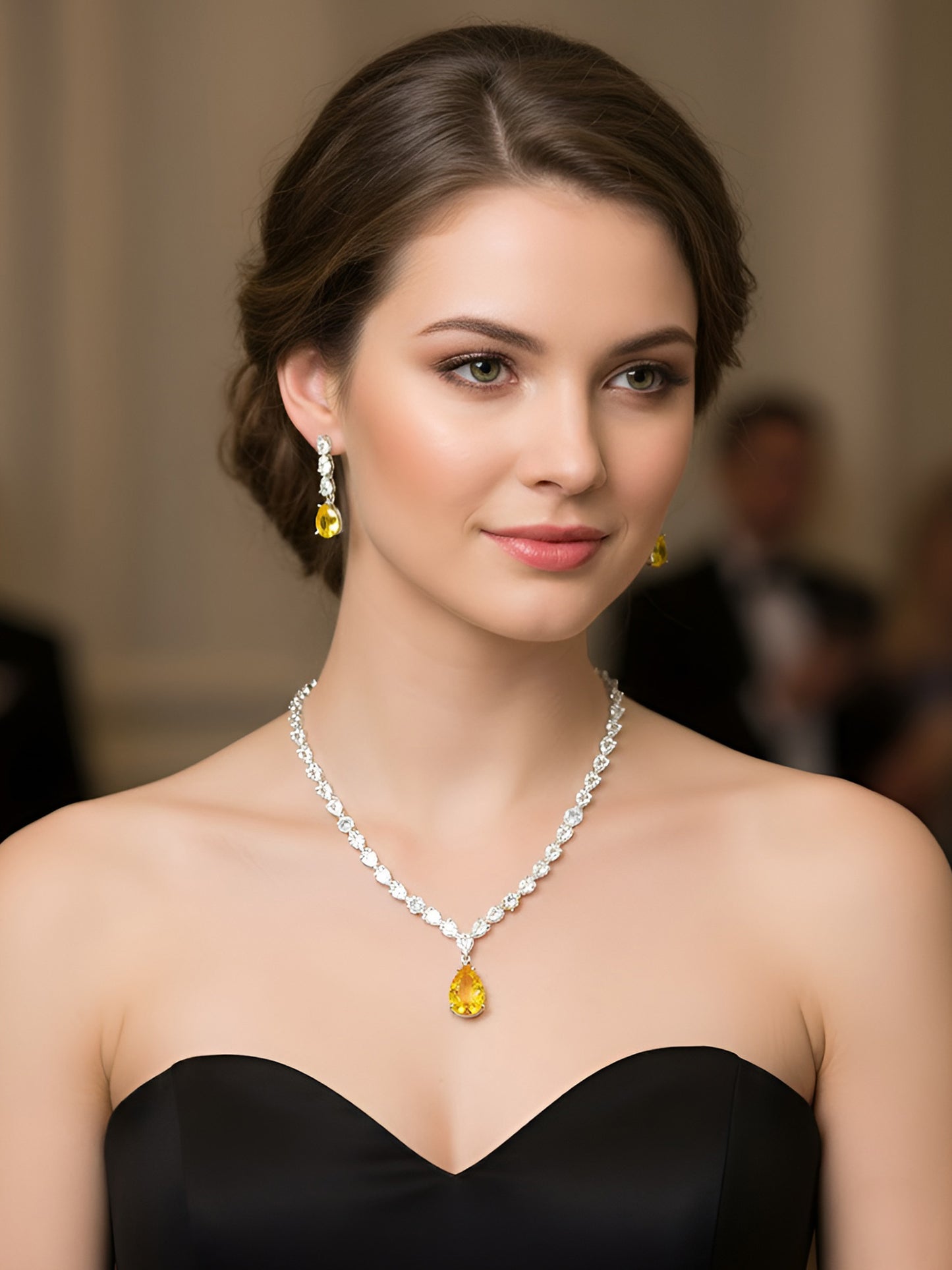 Silver Plated Yellow & White American Diamond Jewellery Set