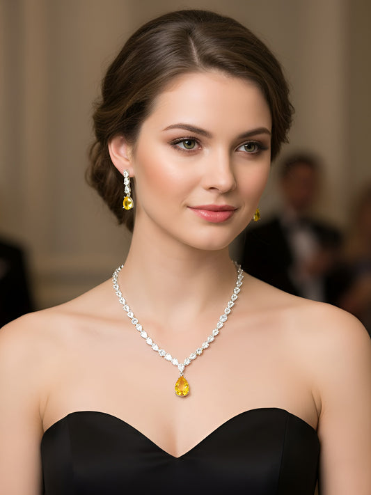 Silver Plated Yellow & White American Diamond Jewellery Set