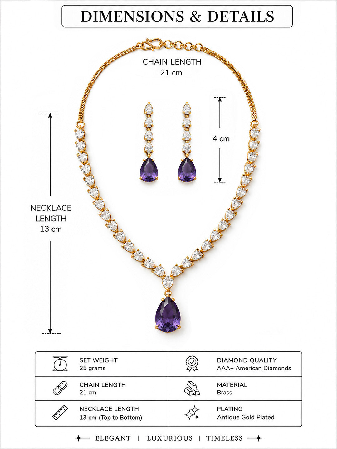 South Indian Gold Plated Purple AD Teardrop Jewellery Set for Women