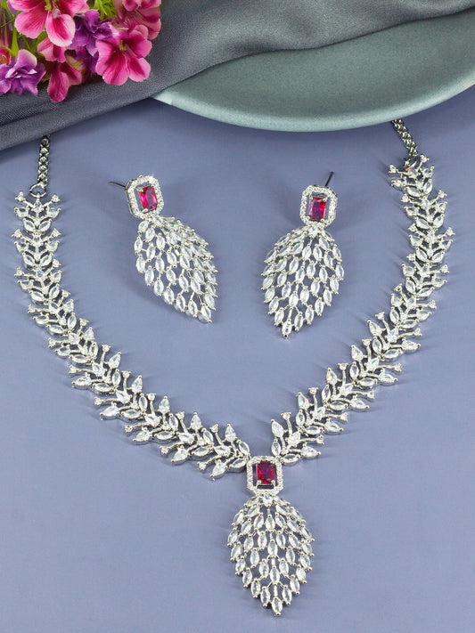 Silver Plated Red American Diamond Designer Jewellery Set for Women