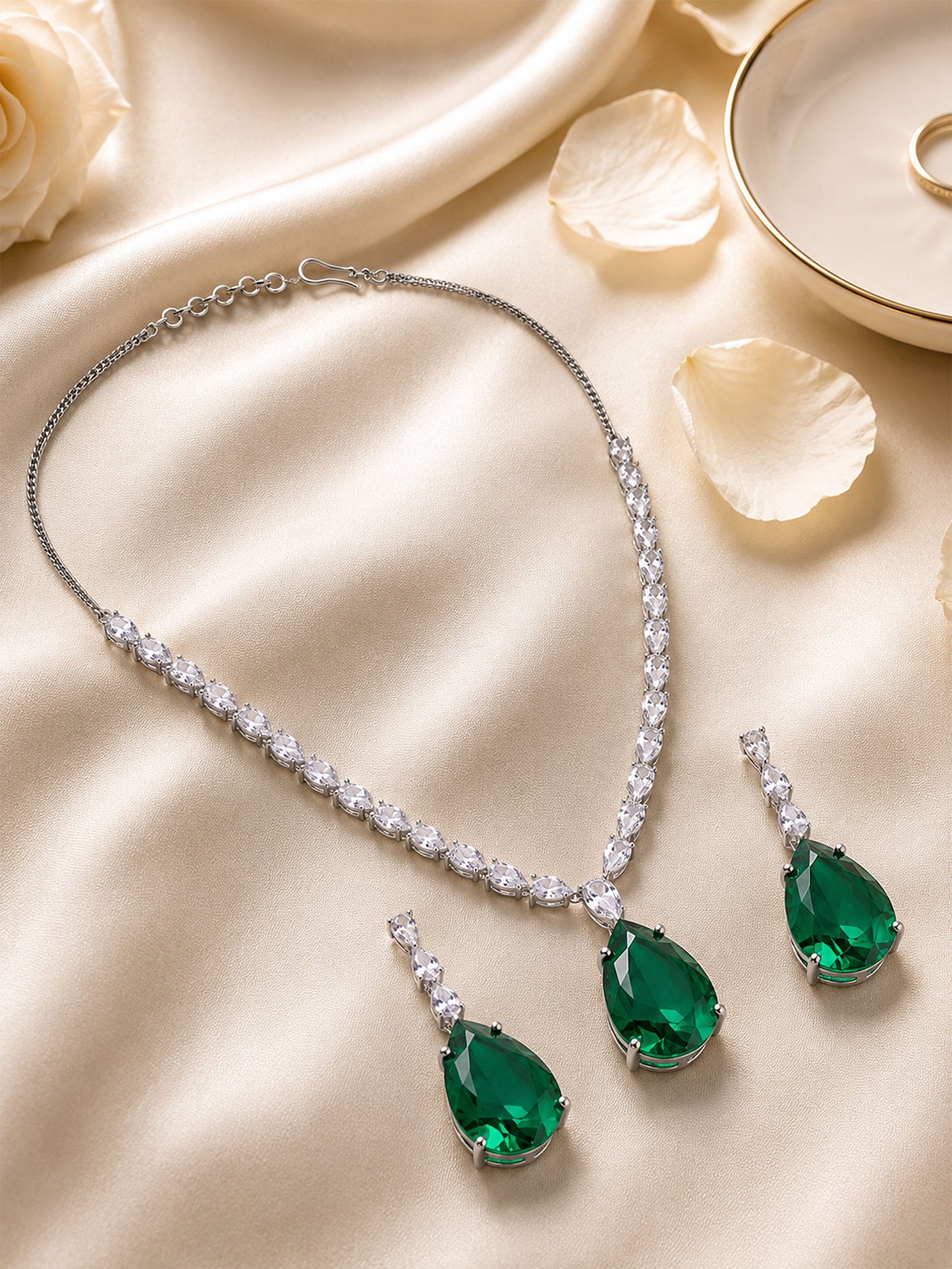 Silver Plated Green Teardrop AD Jewellery Set for Women