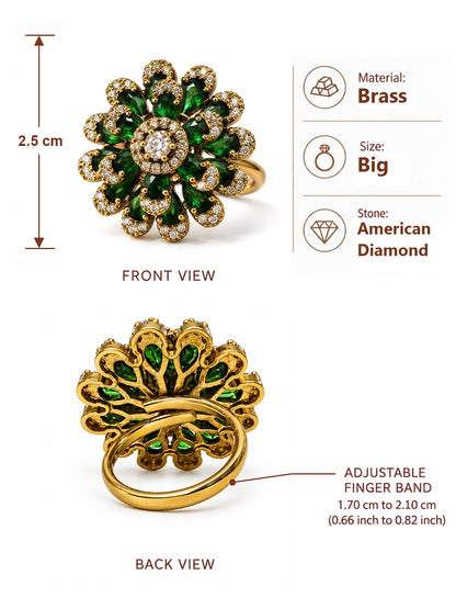 Antique Gold Plated Green AD Floral Finger Ring for Women
