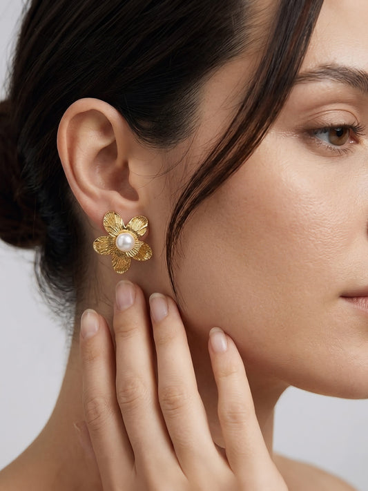 Gold Plated Floral Pearl Earrings for Women