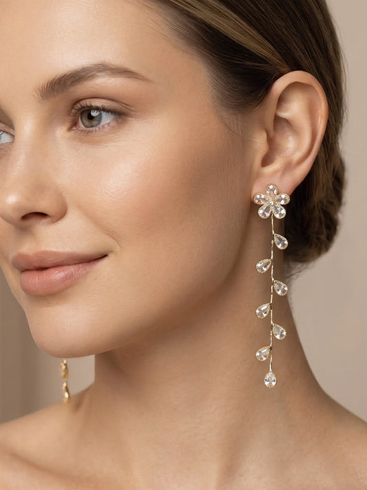 Gold Plated Cubic Zirconia Floral Drop Earrings for Women