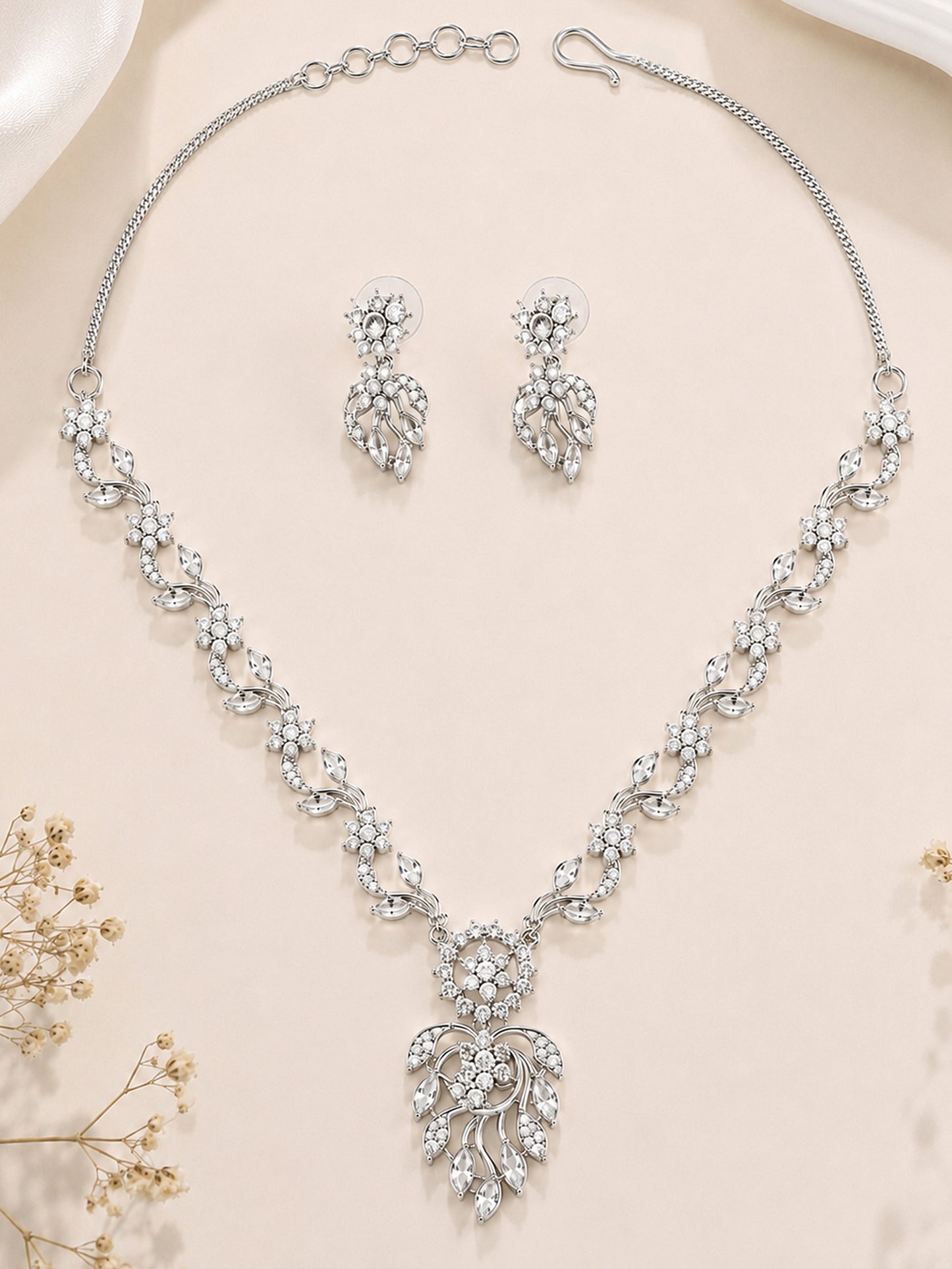 Silver Plated AD Floral Jewellery Set for Women