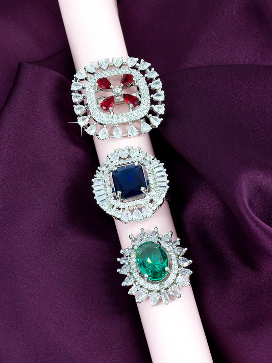 Pack of 3 Red Blue and Green Statement AD-Studded Adjustable Ring