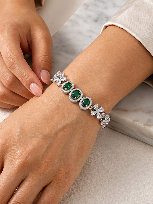 Silver Plated Green AD Adjustable Bracelet for Women