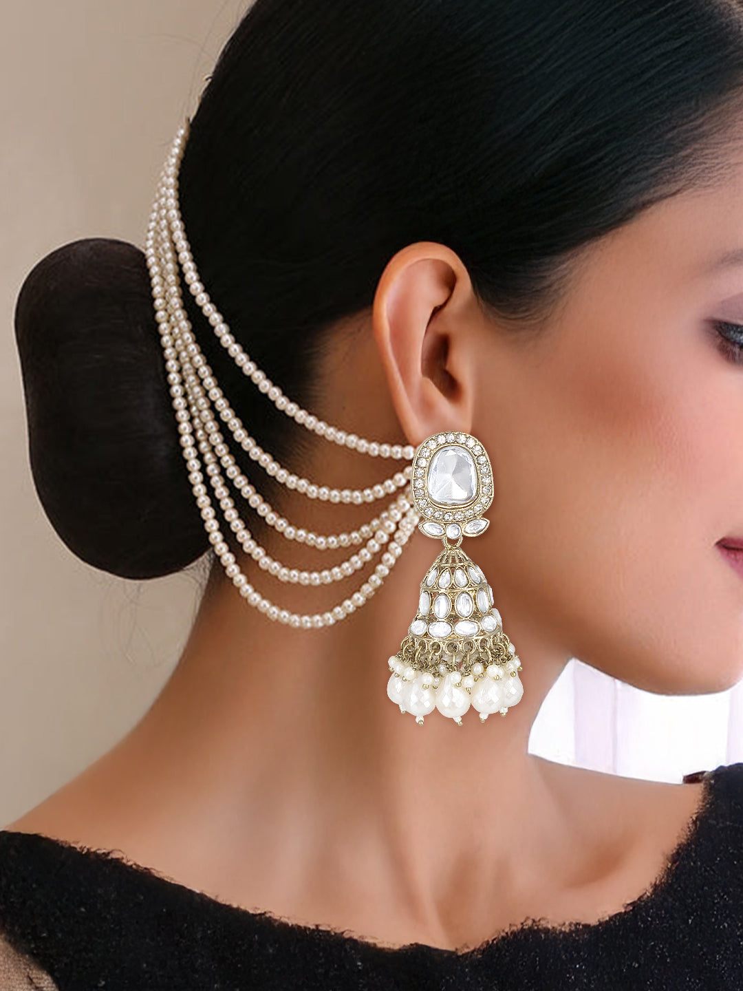 Gold-Plated Kundan-Studded Jhumka Earrings With Pearl-Beaded Hair Chain