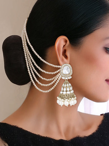 Gold-Plated Kundan-Studded Jhumka Earrings With Pearl-Beaded Hair Chain