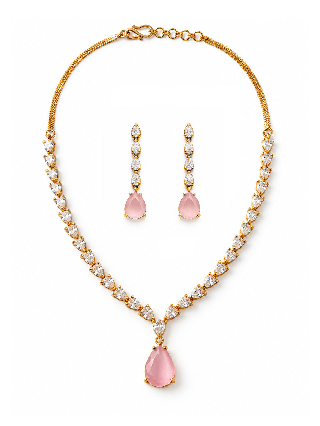 South Indian Gold Plated Pink AD Teardrop Jewellery Set for Women