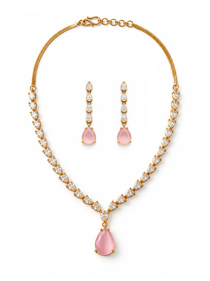 South Indian Gold Plated Pink AD Teardrop Jewellery Set for Women