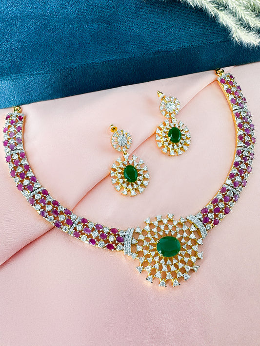 Statement Ruby & Emerald Traditional American Diamond Jewellery Set