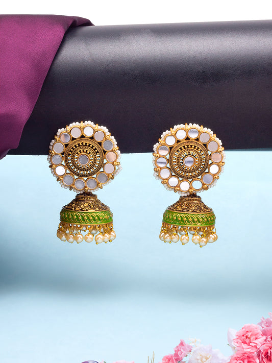 Floral Green Mirror & Beads Jhumka Earrings
