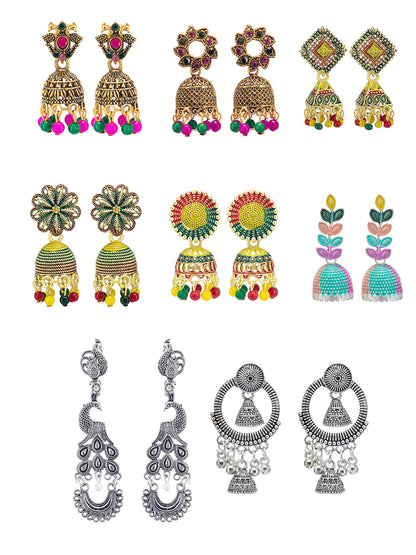 Pack of Eight Multicolour Jhumki & Drop Earrings