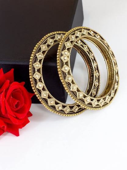 Set Of 2 Brass-Plated Stone-Studded Antique Bangles