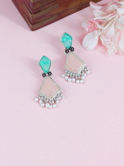 Silver-Plated Geometric Stone Studded Drop Earrings