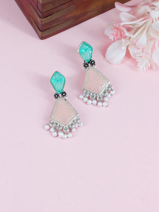 Silver-Plated Geometric Stone Studded Drop Earrings