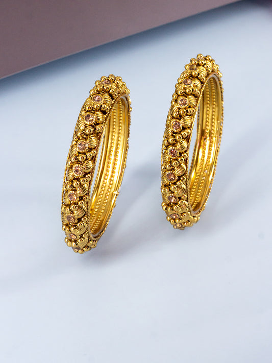 Set Of 2 Gold Plated Chunky Stones Studded Antique Bangles