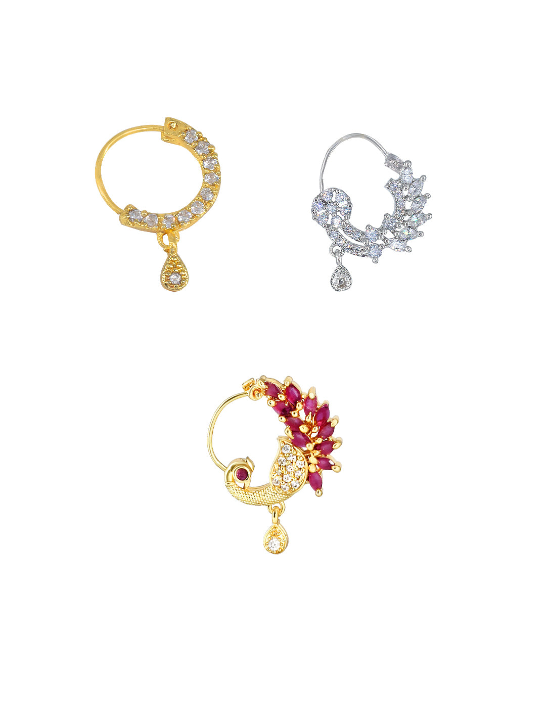 Set of Three Rhodium & Gold Plated American Diamond Nosepin