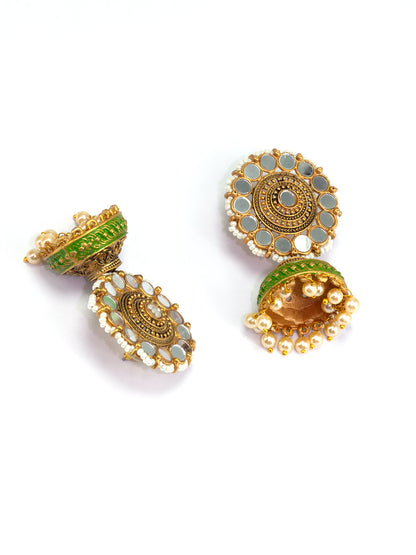 Floral Green Mirror & Beads Jhumka Earrings