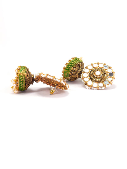 Floral Green Mirror & Beads Jhumka Earrings