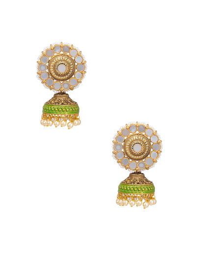 Floral Green Mirror & Beads Jhumka Earrings