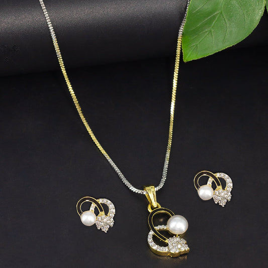 Gold Plated American Diamond Black Mina Trendy Pendant & Earring Set